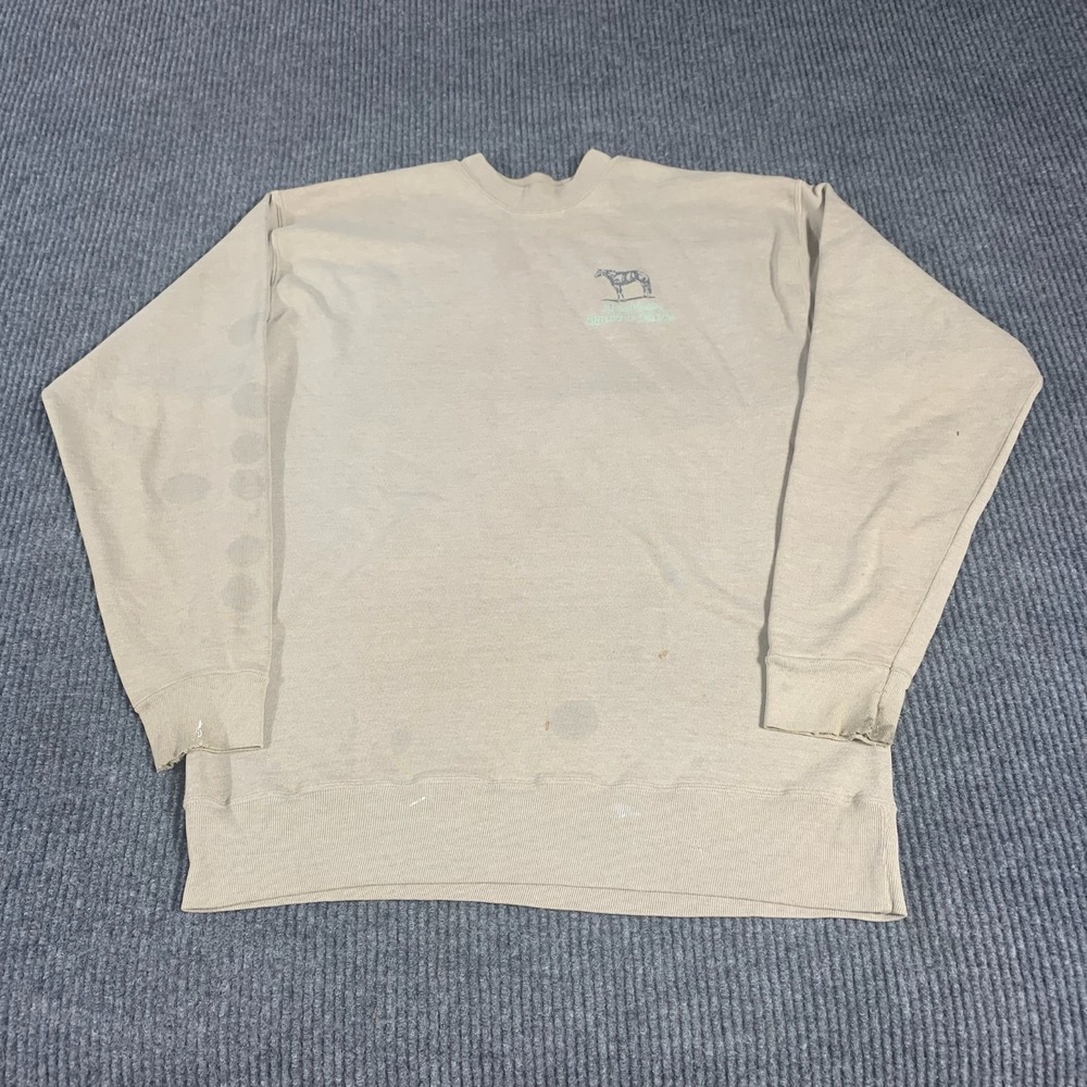 Vintage Oneita Sweatshirt Mens Medium Beige Slim Crewneck Equestrian Stained 90s